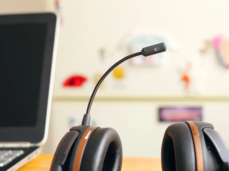 Headset neben einem Laptop am Arbeitsplatz